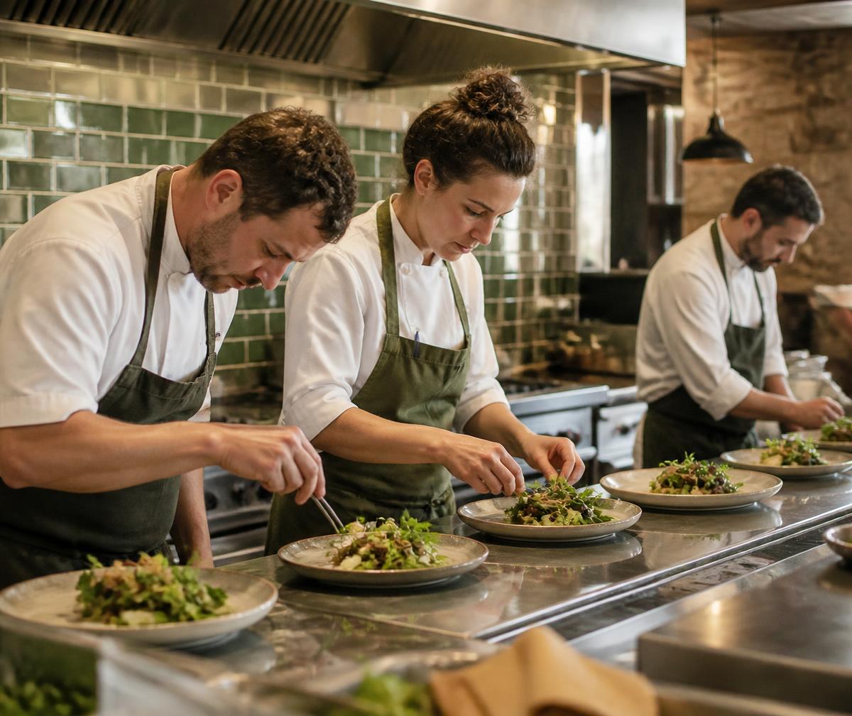 Equipo de cocina emplatando en cocina profesional